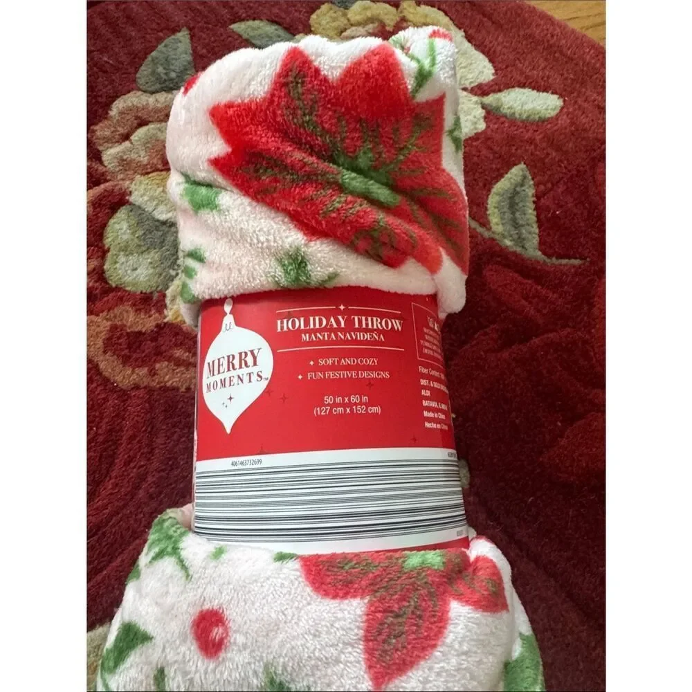 Holiday Poinsettia Plush Throw Blanket - Red, Green, White NWT